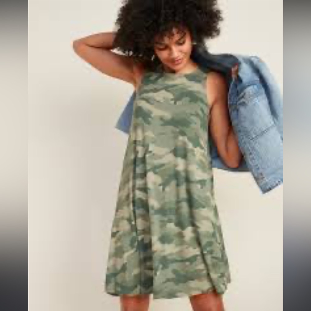 Old Navy Printed Jersey Sleeveless Swing Dress Camo Green (Size: L)